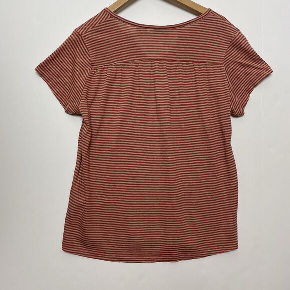 Orvis M Red Striped 100% Linen T-shirt Jersey Knit Split Neck Short Sleeves - Picture 5 of 10